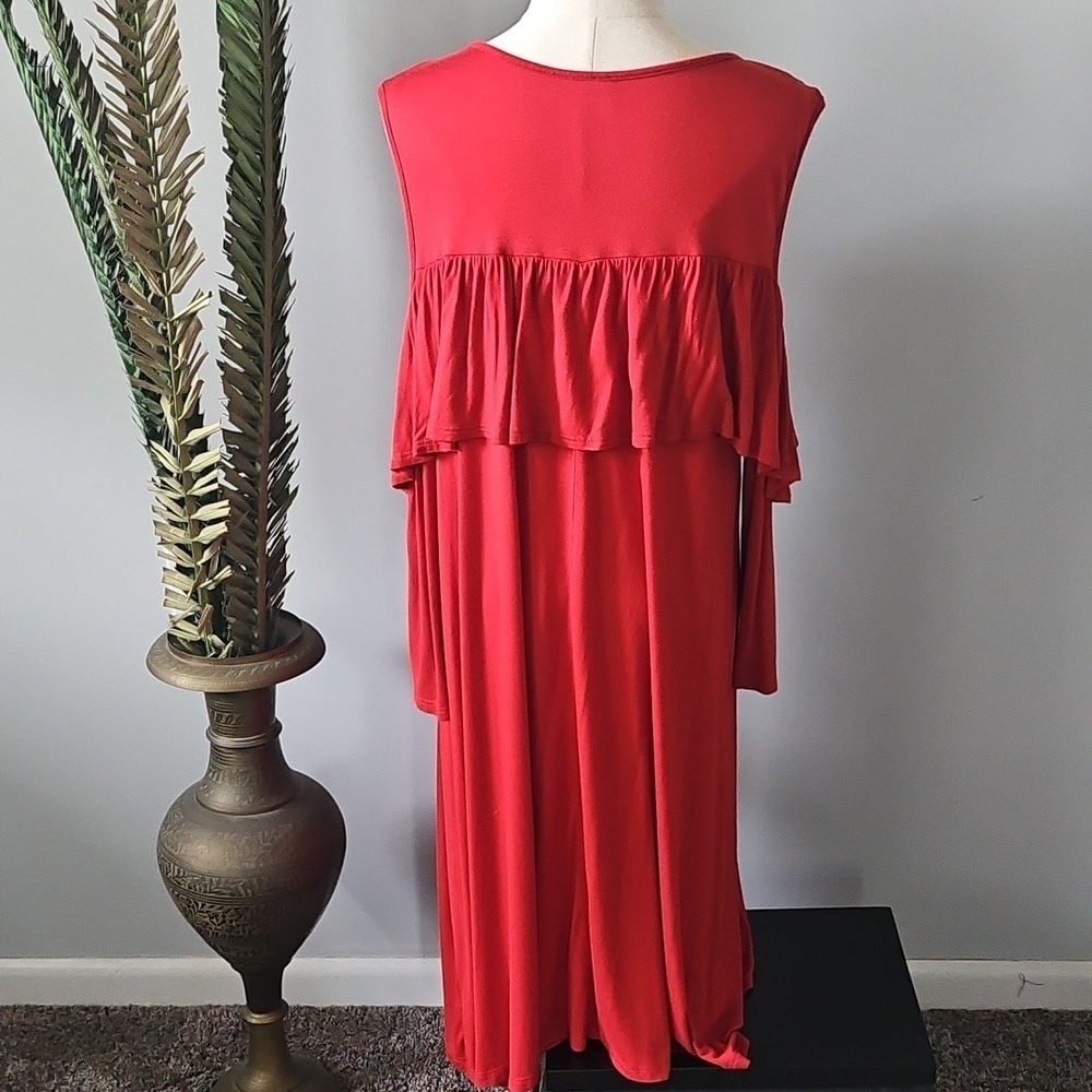 Watermelon Rust Color Cold Shoulder Dress with Ruffle - Picture 4 of 12
